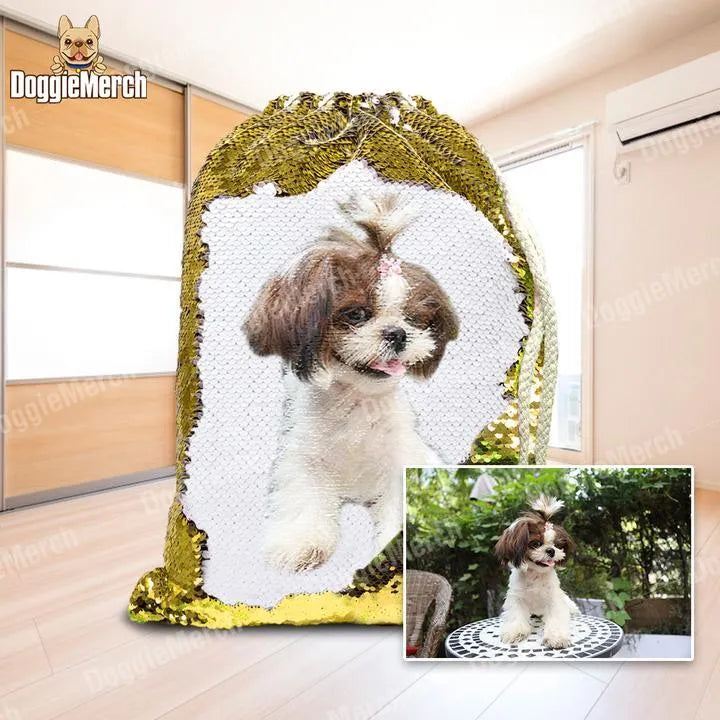 Custom purple sequins drawstring backpack with a printed dog photo, showing drawstring closure and glittering surface.