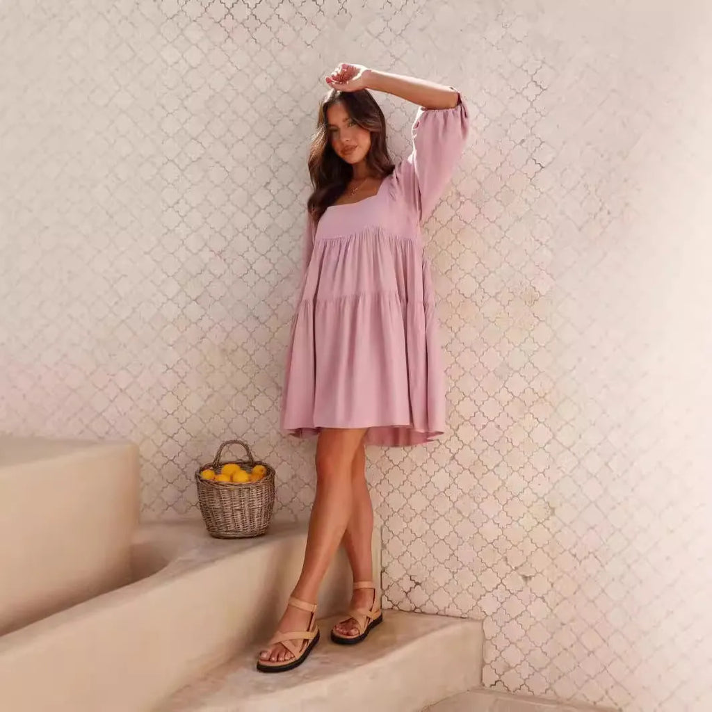 Children's backless dress with square collar and puff sleeves in artistic retro style