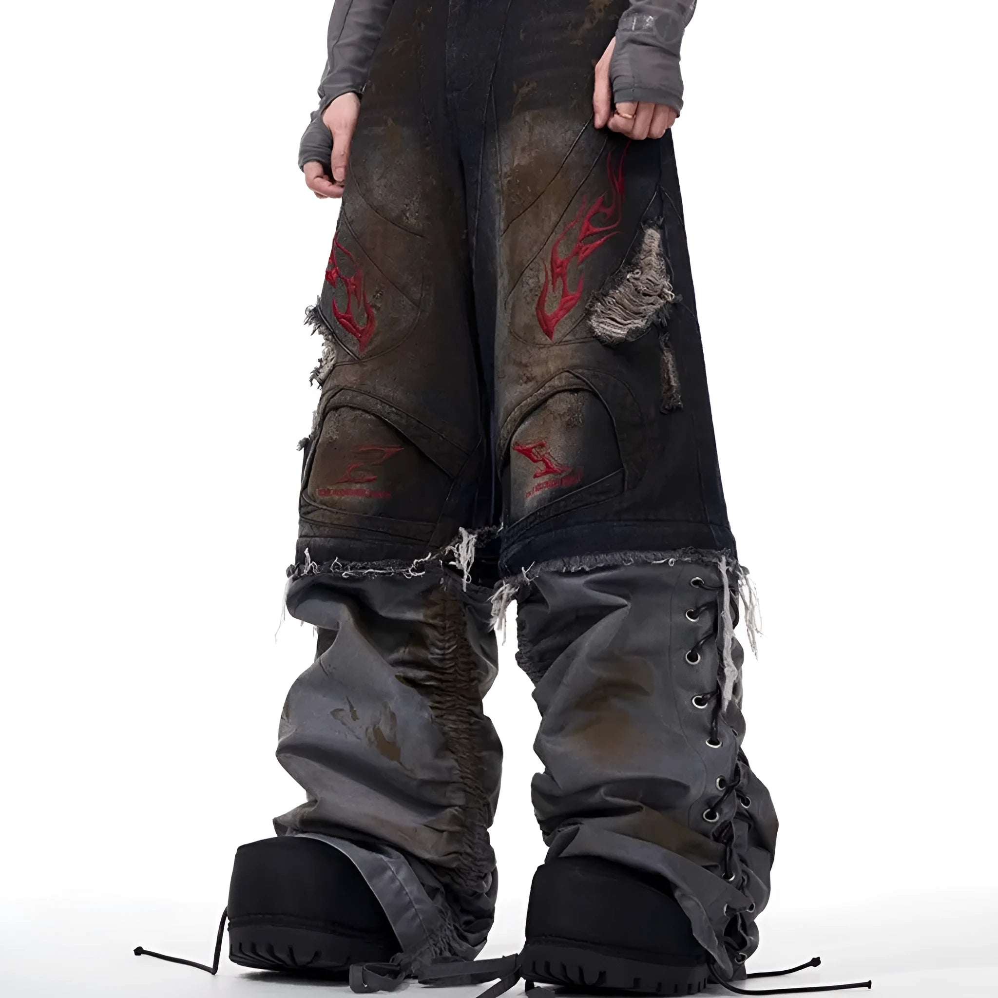 Men's retro jeans with detachable legs showing wide leg loose fit and mid-high waist