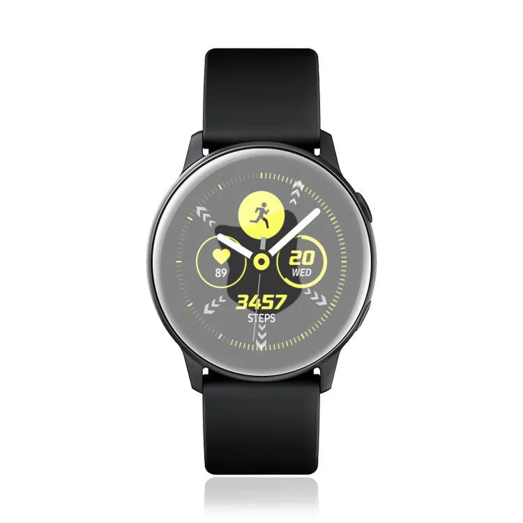 Samsung Galaxy Watch Active full screen tempered glass screen protector in transparent finish.