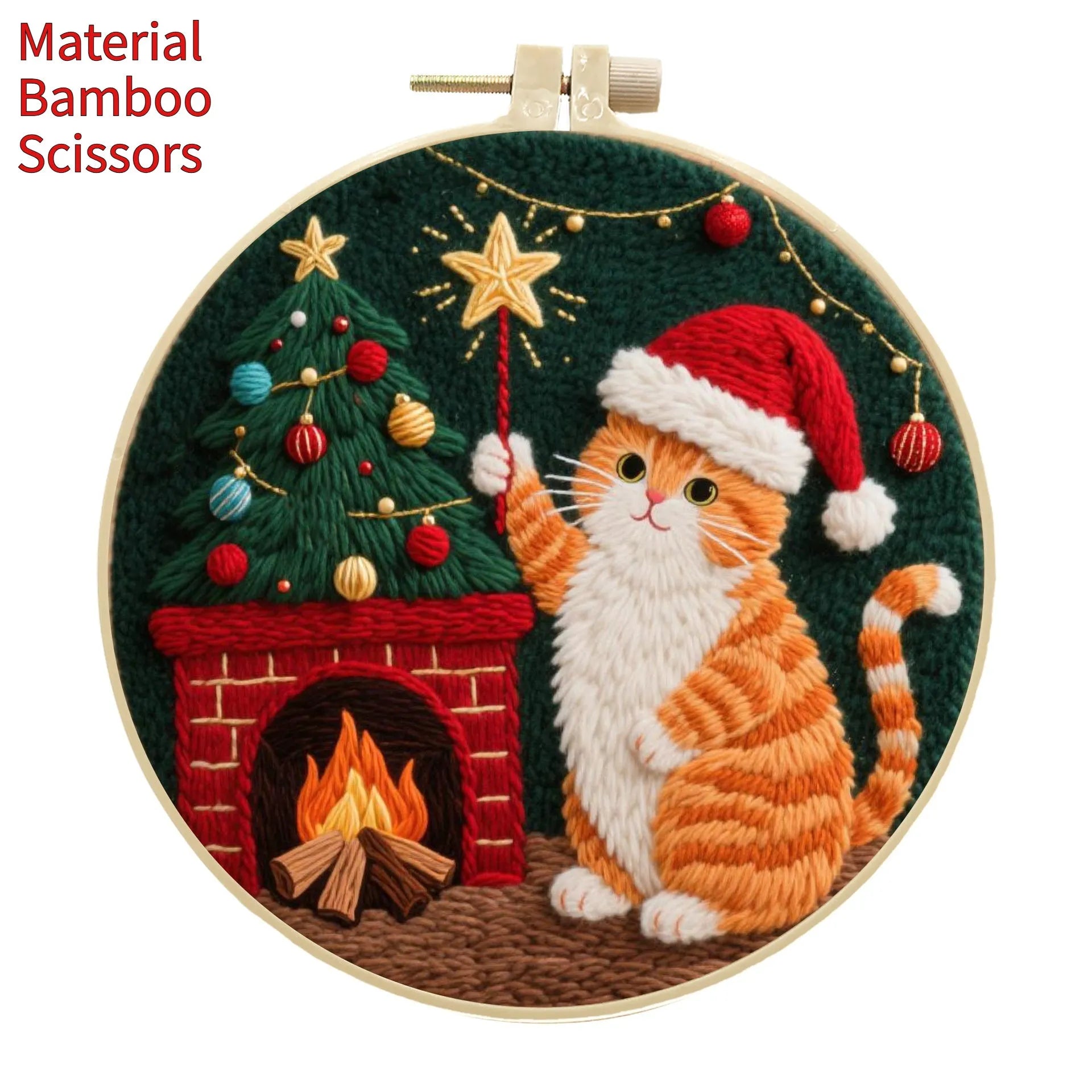 Embroidery material kit with cotton linen fabric featuring autumn fruit design, imitation bamboo hoop, and scissors.