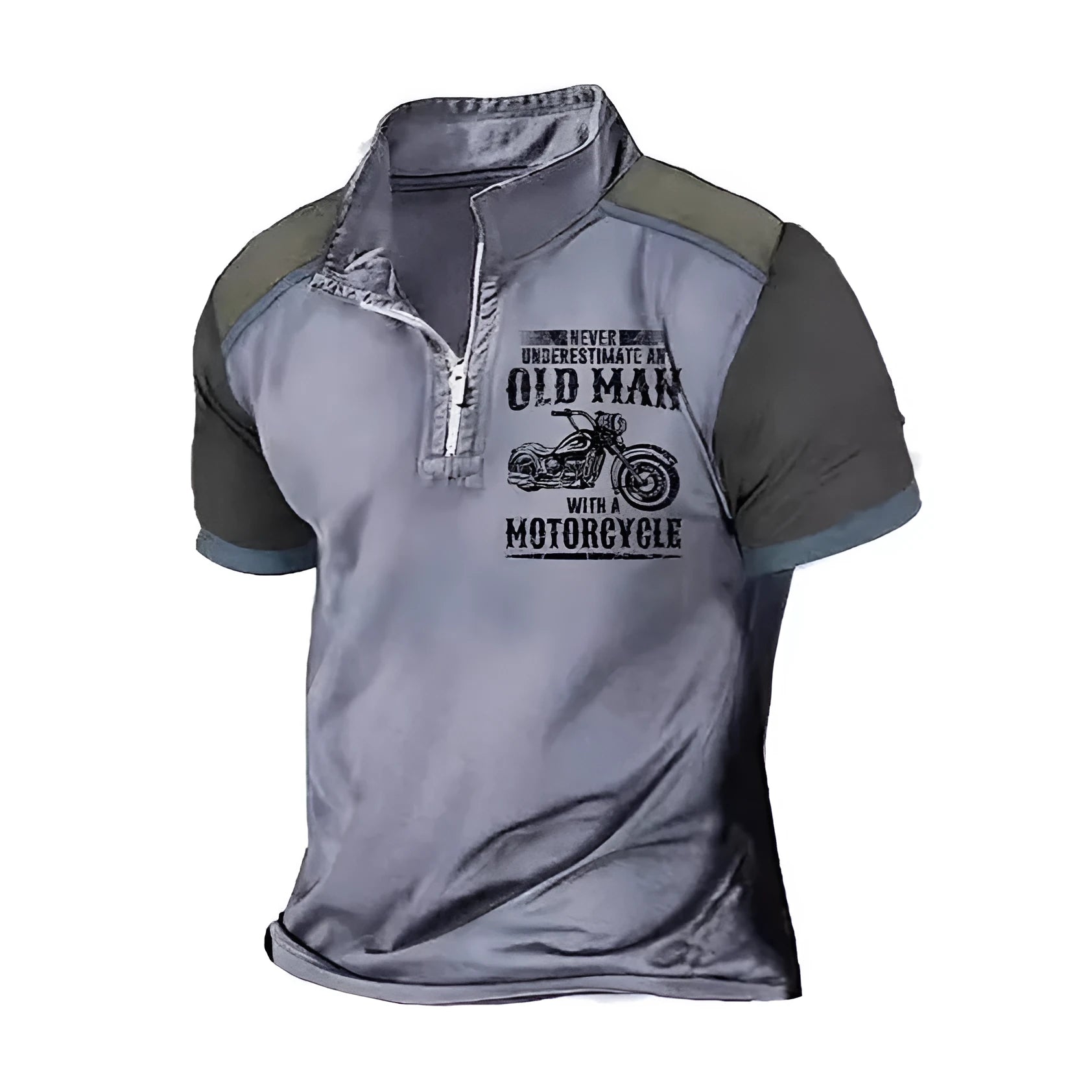 Men's casual polo shirt with zipper decorations on the lapel and a digital letter print design on the front.