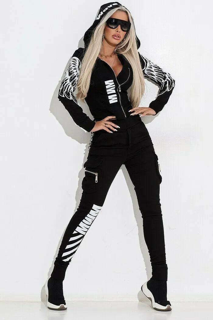 Black women's hooded casual suit with wings printing pattern, showing zipper top and matching trousers