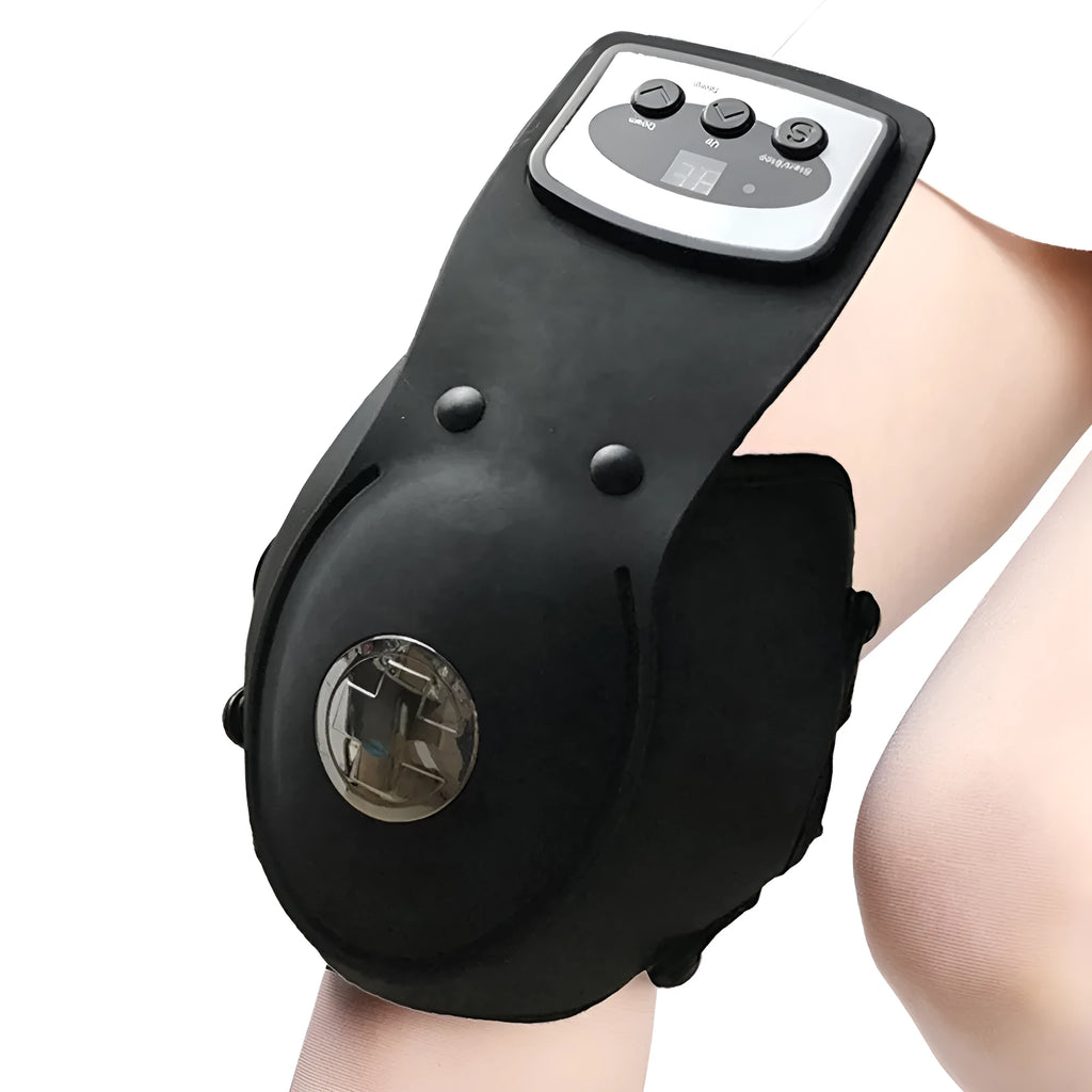 Portable infrared knee and shoulder massager unit with adjustable temperature control and two fabric pads.