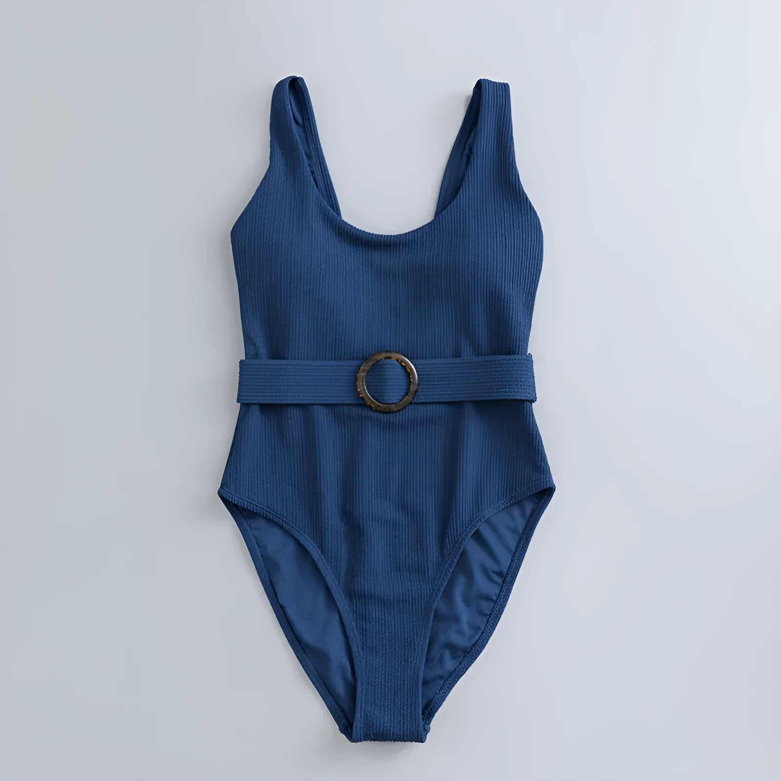 Navy blue women's slim fit one-piece swimsuit with triangle neckline and adjustable chest pads