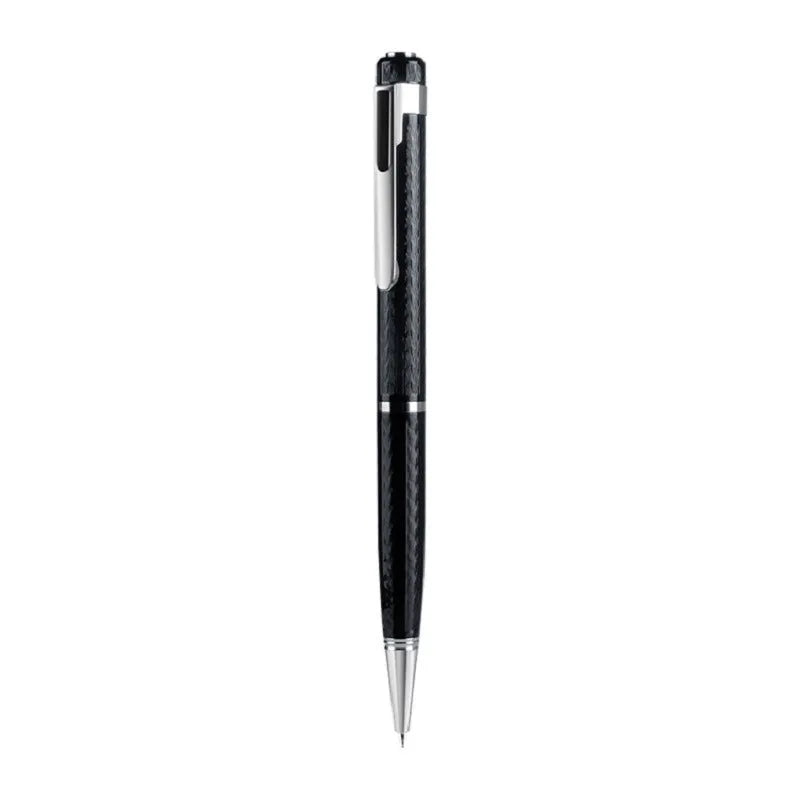 Black pen-shaped voice recorder with zinc alloy body measuring 140x17x14mm