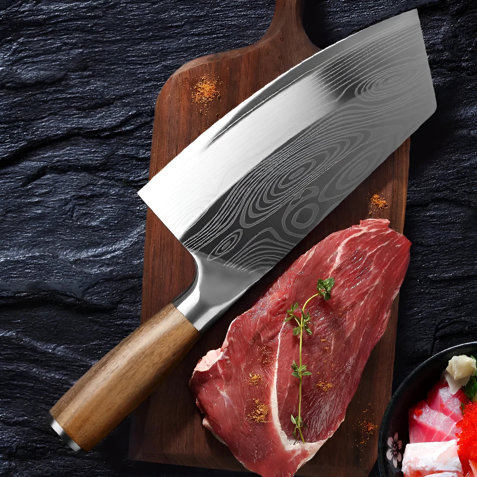 320mm stainless steel chef knife with forged 40cr13 steel blade on a kitchen counter