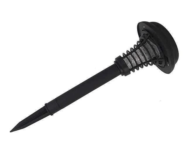 Black solar-powered mosquito killer lamp with white and purple LED lights for garden insect control.