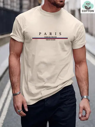 Man wearing a heavy grey pure cotton T-shirt with a printed letter design and short sleeves.