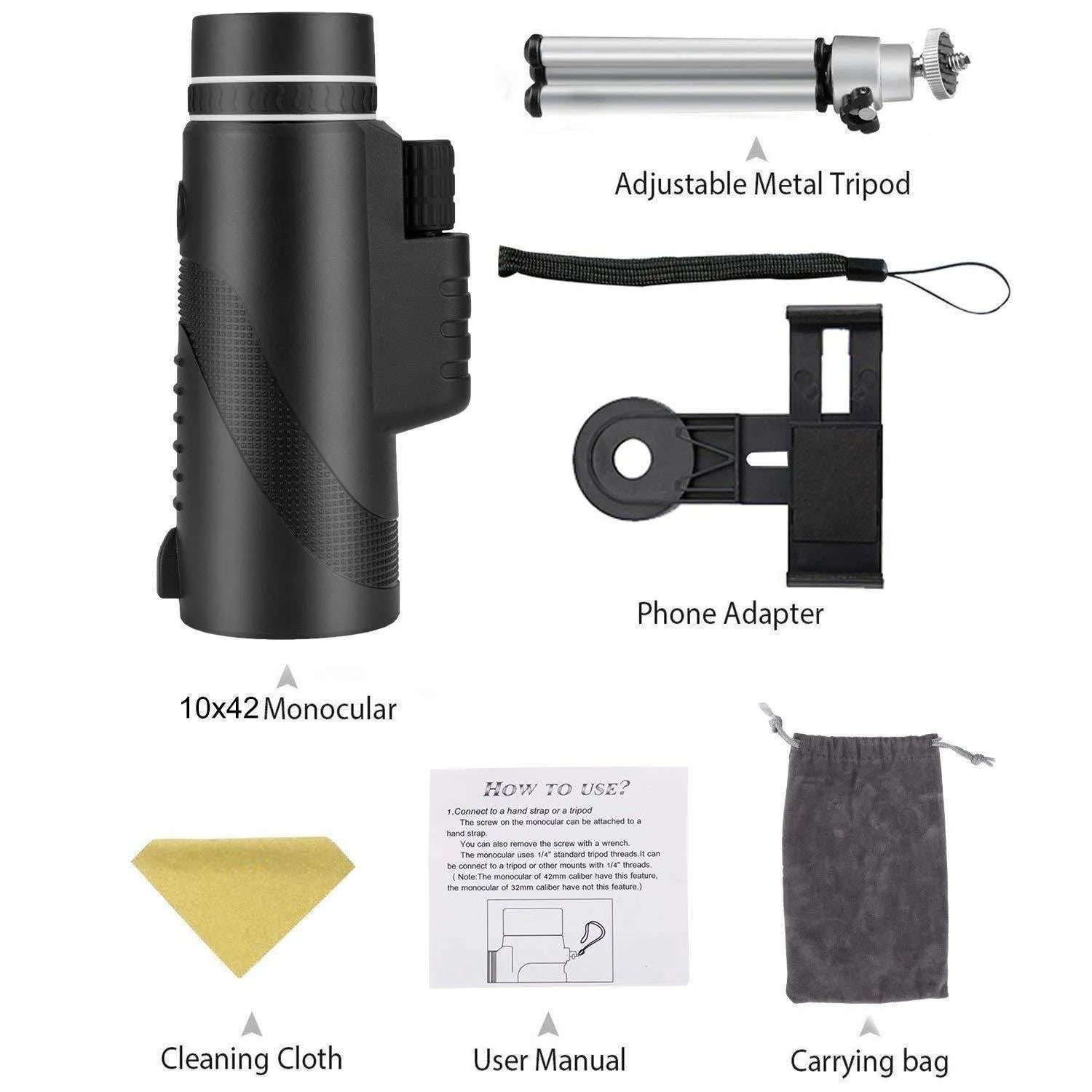 Black HD 40x60 monocular telescope with fully coated lenses and compact design