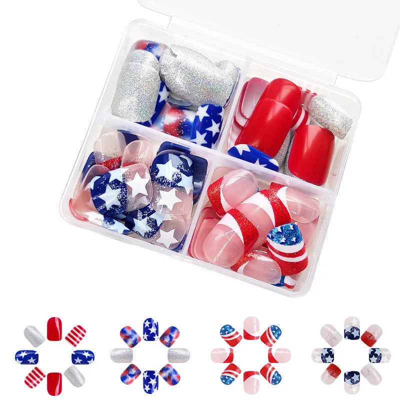 Finished American five-pointed star Independence Day combination false nails with European Square short shapes