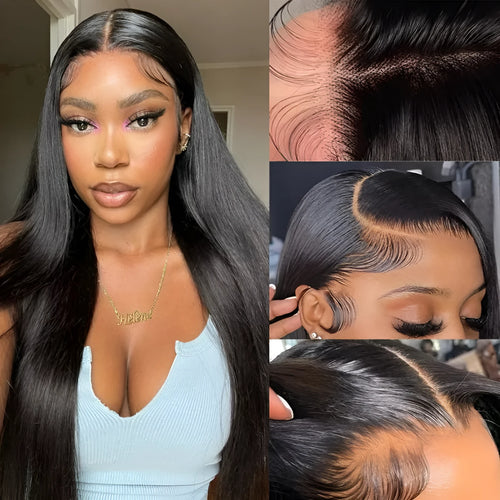 13x6 straight lace front human hair wig in black showing natural hairline and straight style