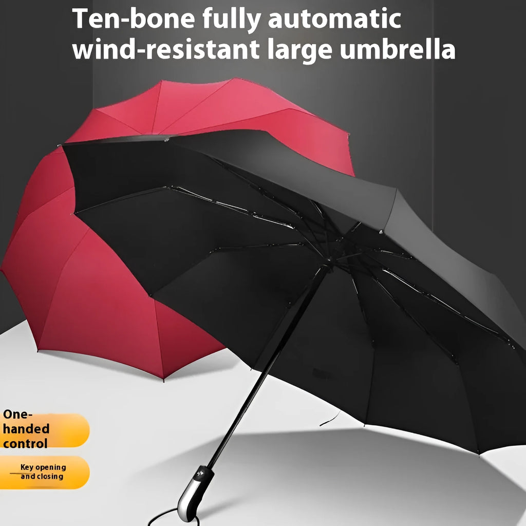 Automatic triple folding black business sun shade umbrella with steel ribs and a rubber handle.