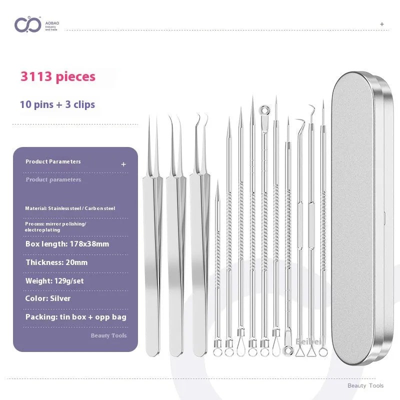 4-piece metal acne needle set with ultra fine pointed tips on silver background