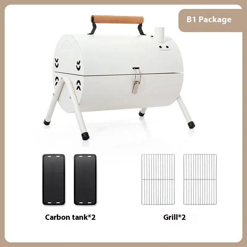 White round portable multifunctional grill with foldable design and carbon tank construction