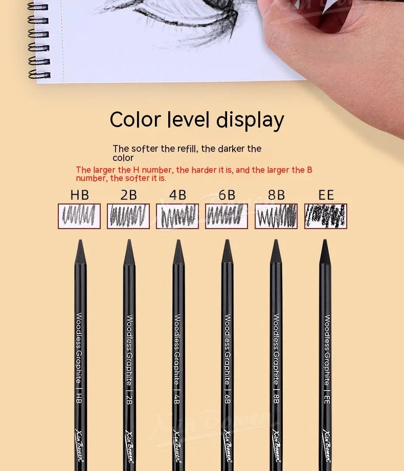 Set of six wood-free graphite sketching pencils showing HB, 2B, 4B, 6B, 8B and EE grades