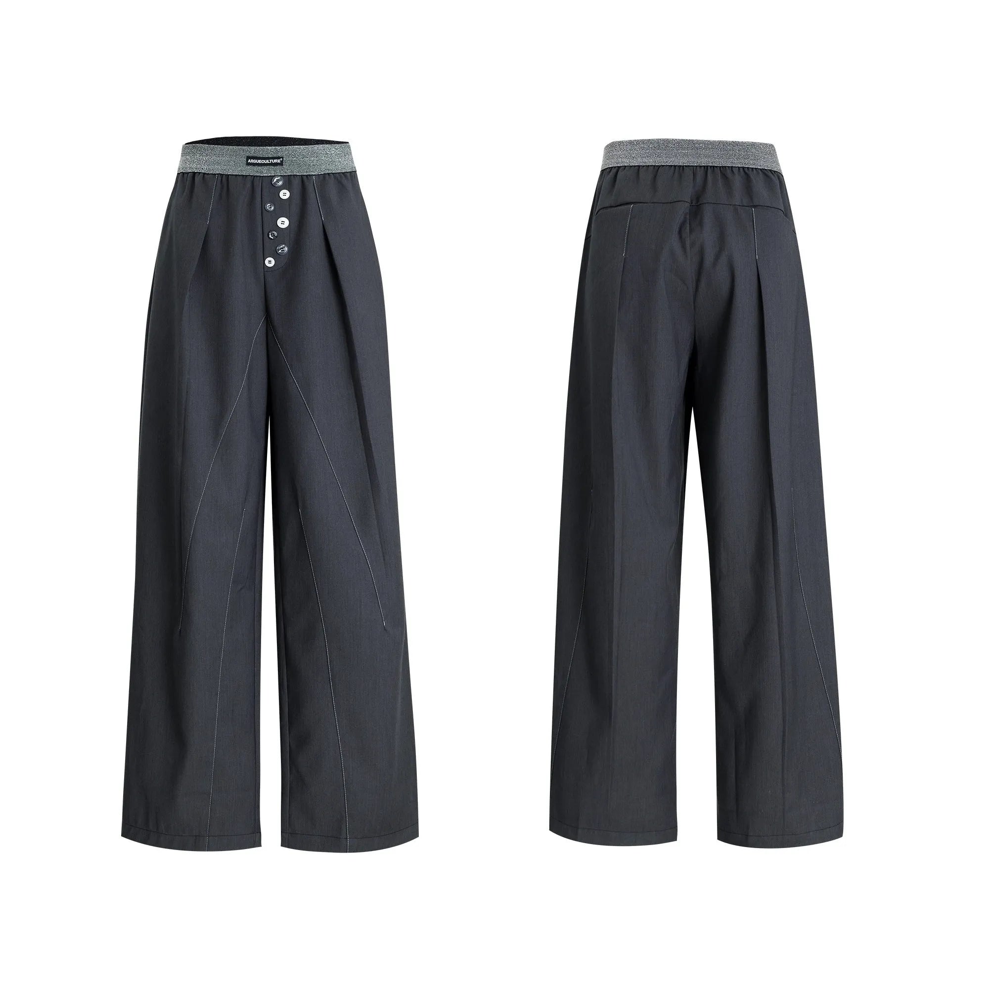 Drooping straight-leg suit pants with button open line design and high waist in black and grey colours