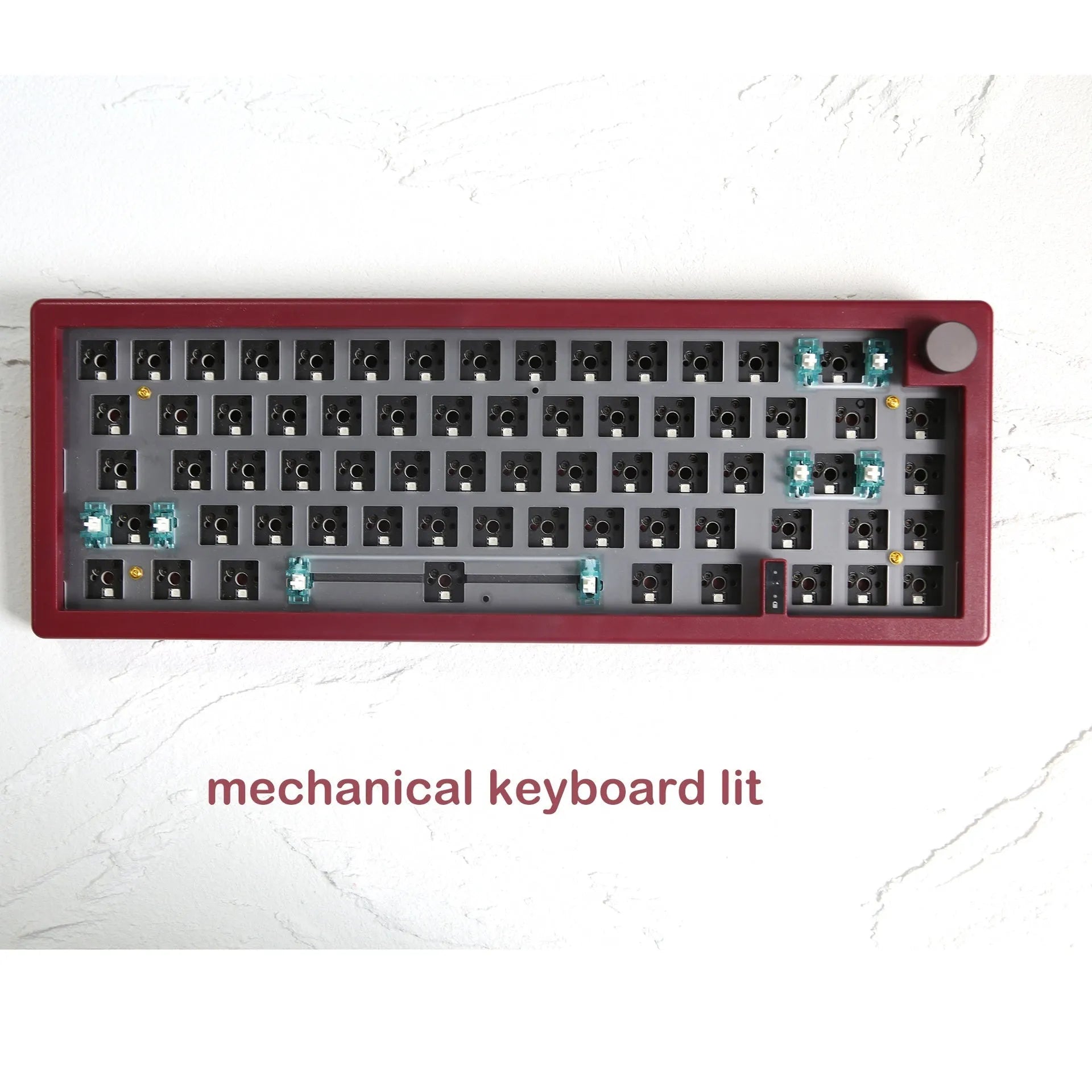 DIY mechanical keyboard kit with RGB lighting and rotary knob in seven colour options