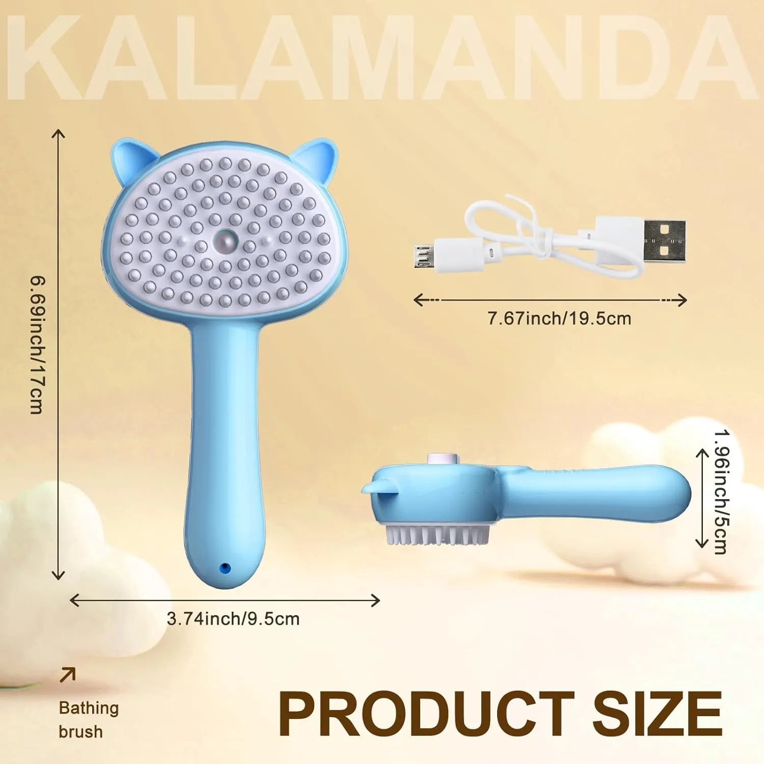 Blue cat steam brush with ergonomic handle and rubber bristles for pet grooming