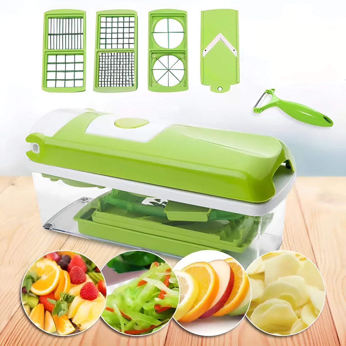 Green 12-piece manual vegetable chopper set with stainless steel blades and multiple attachments