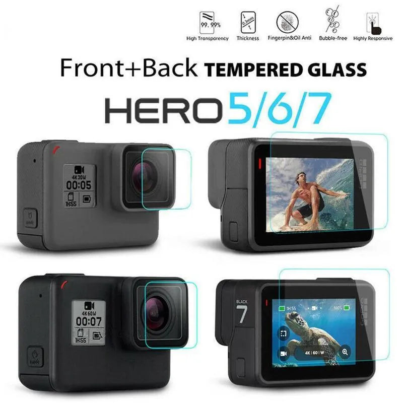 GoPro Hero camera with transparent tempered glass lens protector and LCD screen protector applied.