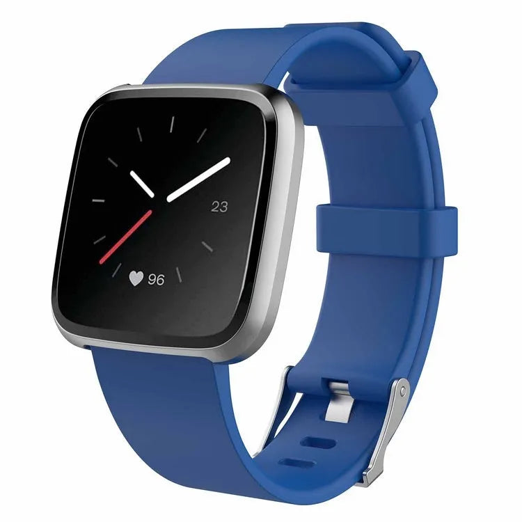 Fitbit Versa Lite replacement wrist strap showing colour options including black, blue, purple, red, and yellow