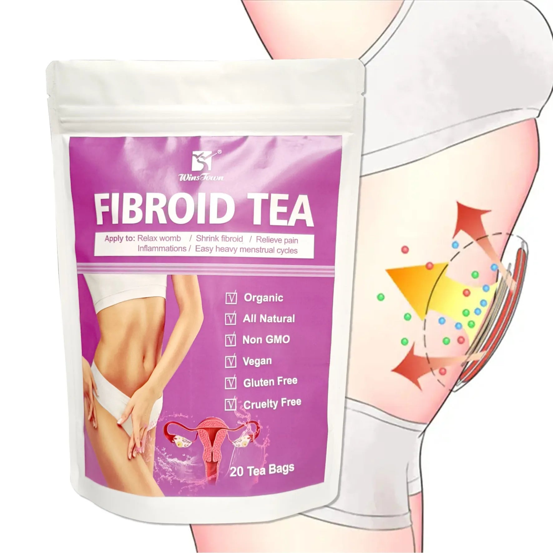 Winstown Fibroid Herbal Tea Bag in C83 packaging with cold extract preparation