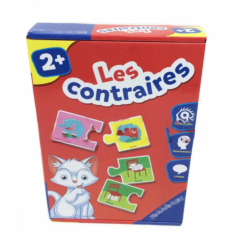French children's puzzle game with 12 matching pairs of pictures and vocabulary words on paper plate