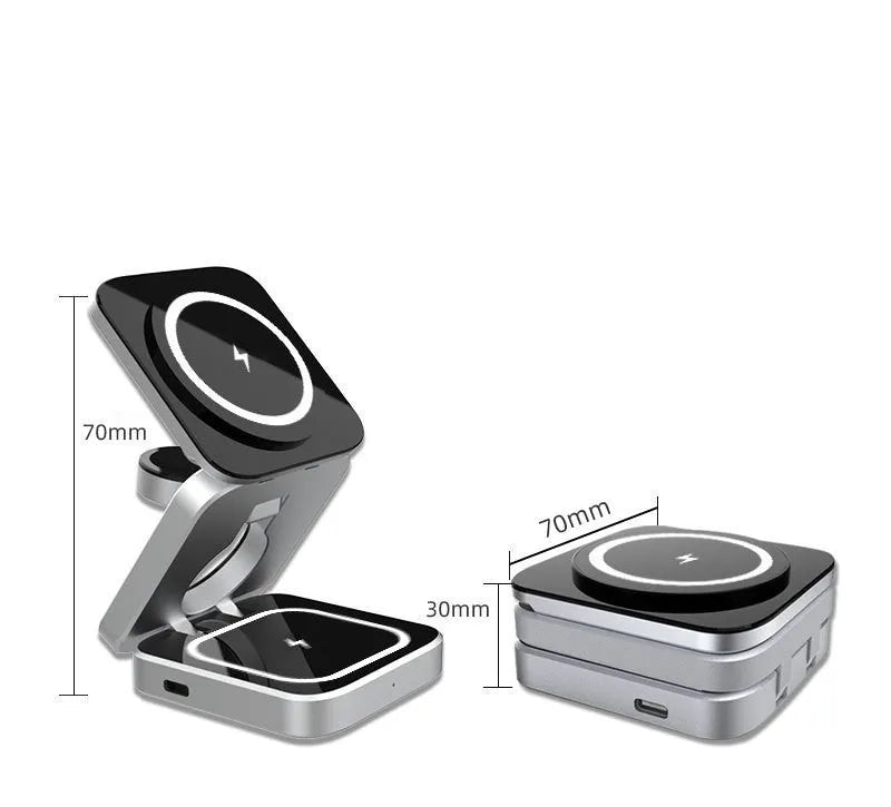 Three-in-one desktop wireless charging bracket with folding design showing Apple, Samsung and Google Pixel charging areas