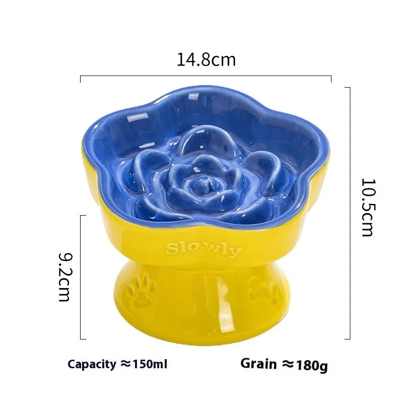 High-foot ceramic pet bowl with chin protector and anti-tumble base design
