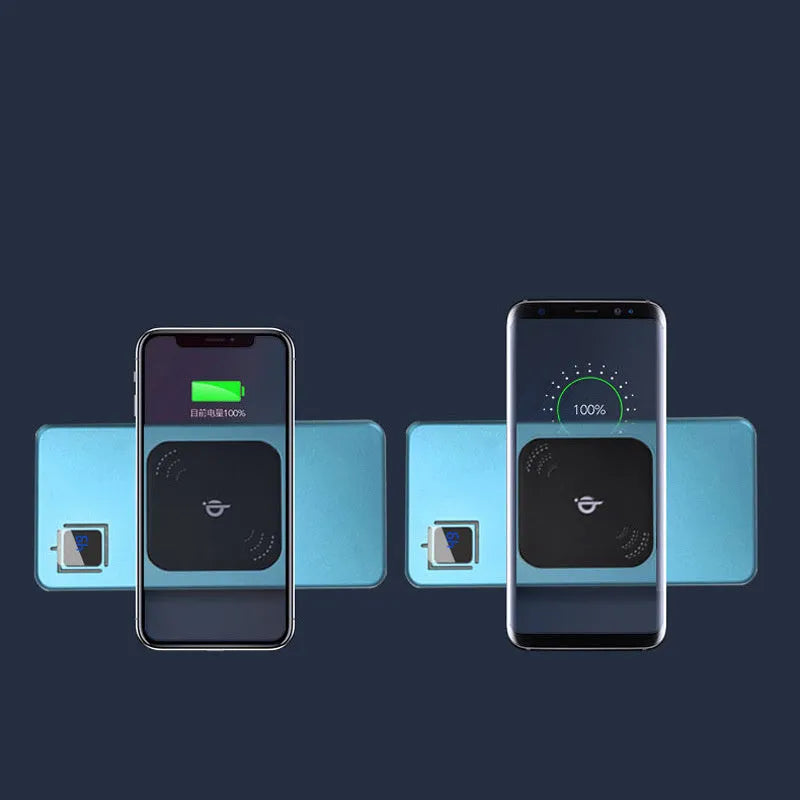 Silver alloy power bank with LCD display showing battery percentage.