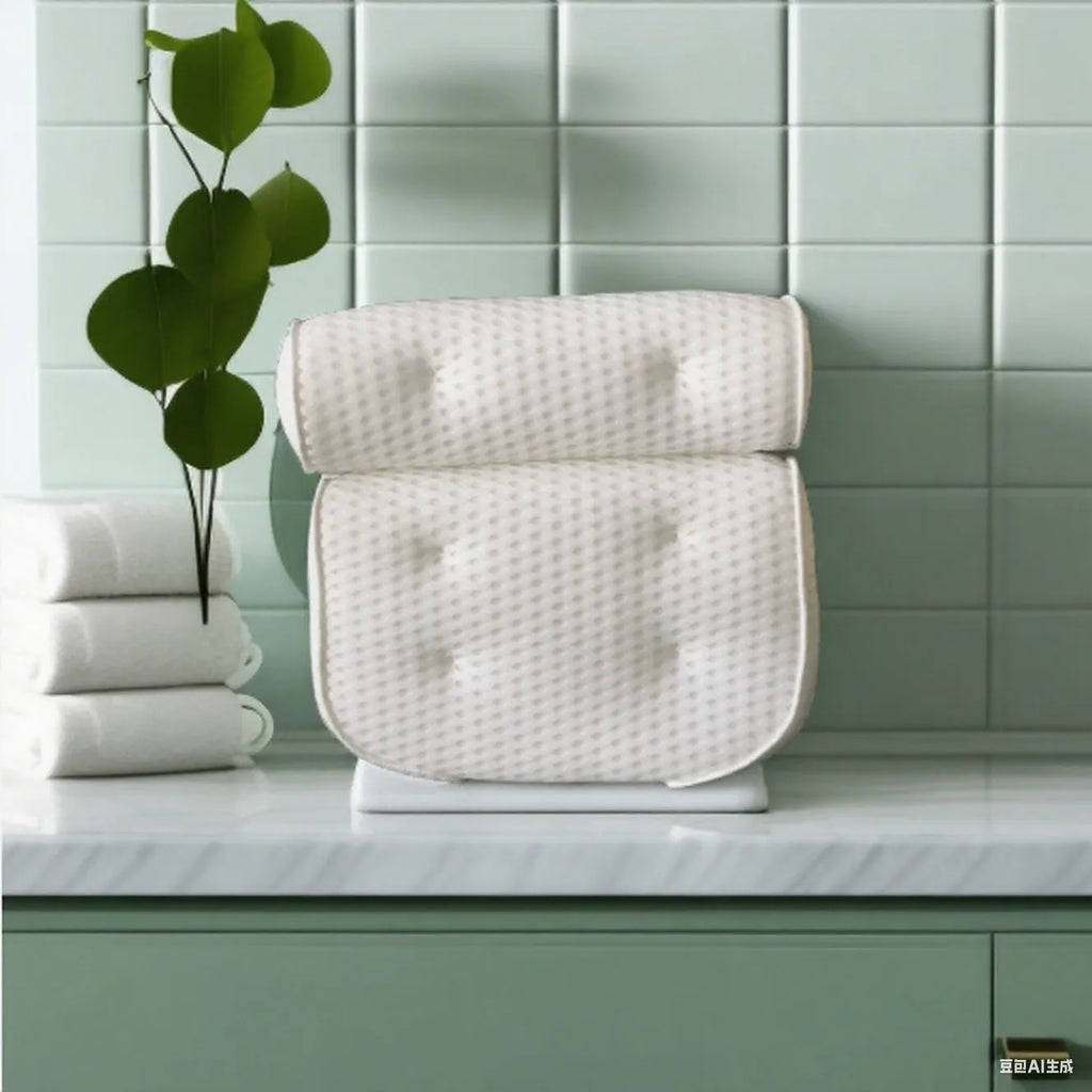 White breathable 3D bathtub pillow with seven suction cups on a bathtub edge.