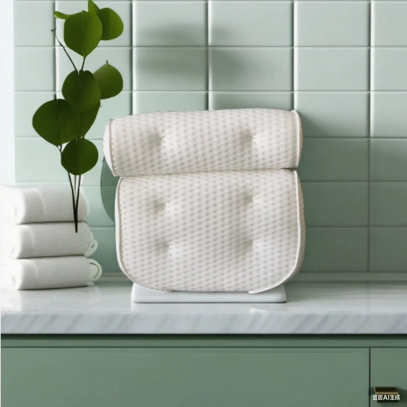 White breathable 3D bathtub pillow with seven suction cups on a bathtub edge.