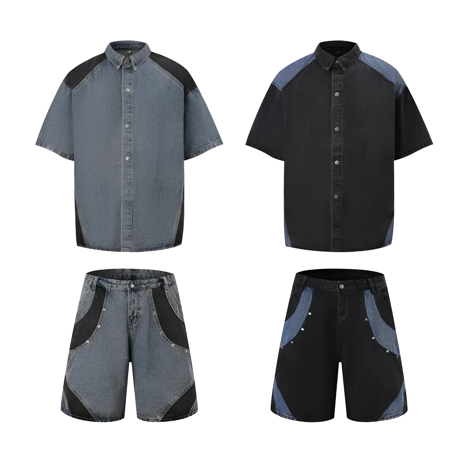Retro denim suit with short-sleeved jacket and full-length trousers in black or blue street style