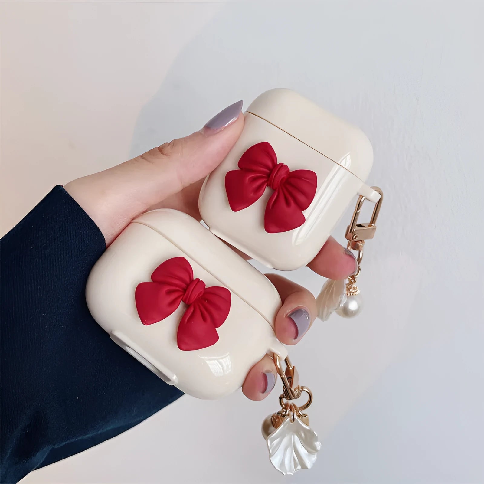 Beige red bow design TPU protective case for AirPods Pro and AirPods 1-3 wireless earphones