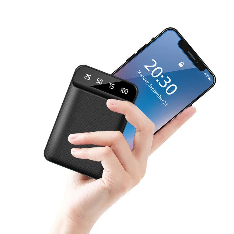 Mini power bank portable charger showing multi-U port output and compact plastic case design