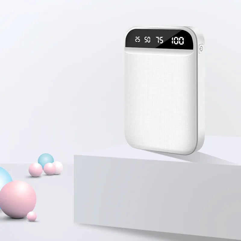 Mini power bank portable charger showing multi-U port output and compact plastic case design