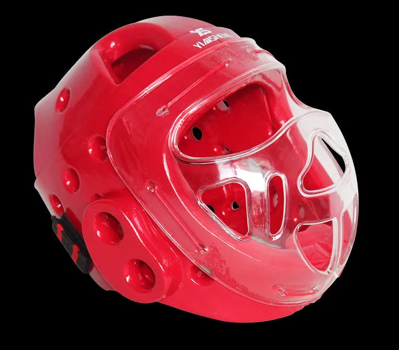 White, blue, and red karate boxing helmet for head protection in sizes S, M, L, XL.