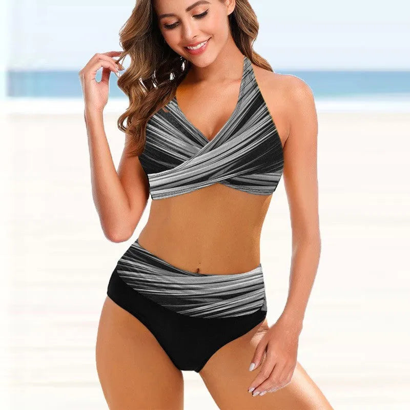 Women's striped tie-dye bikini with hollow back design and high-waisted briefs