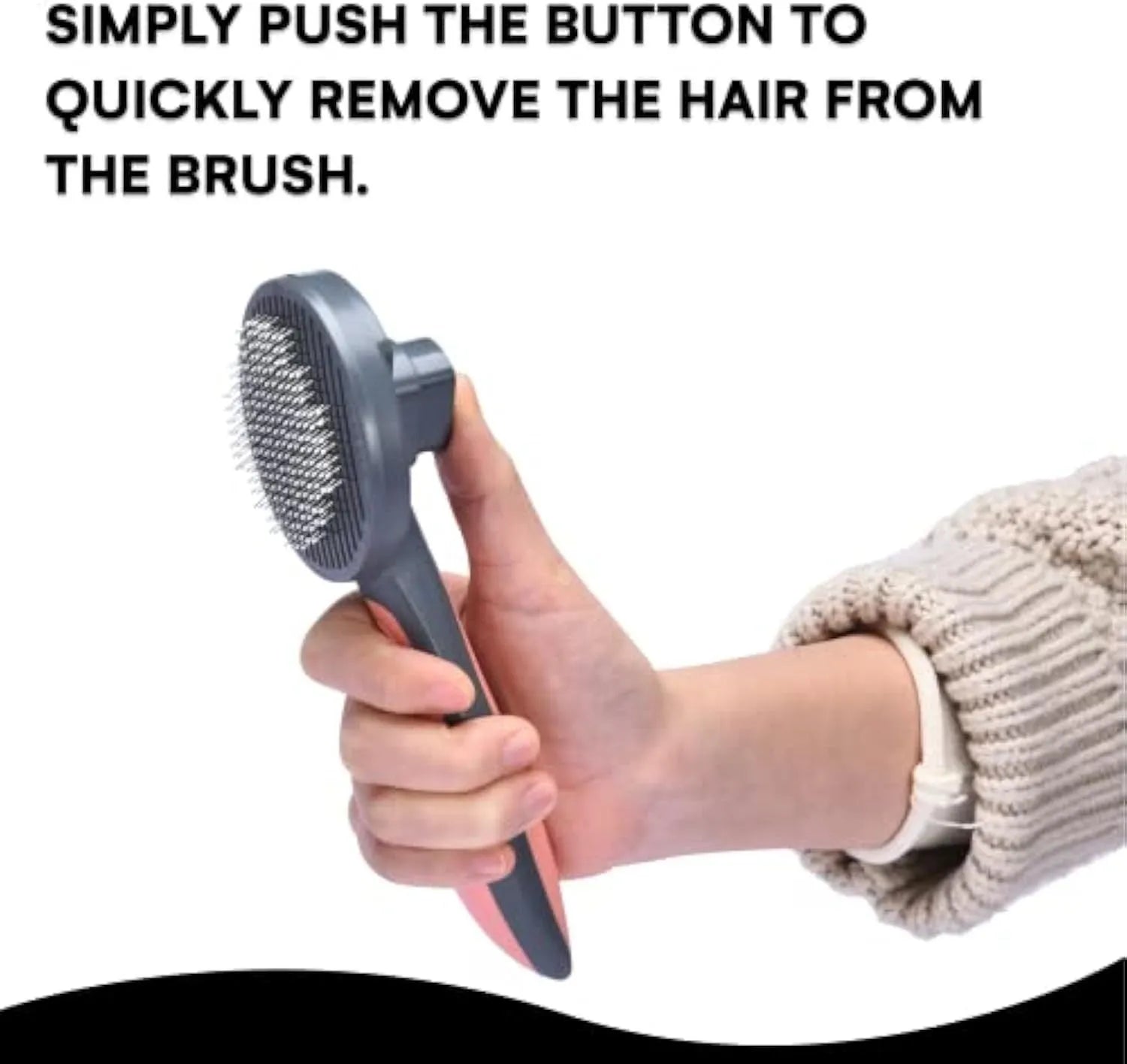 Grey self-cleaning pet grooming brush with a comfort-grip handle and a one-click button