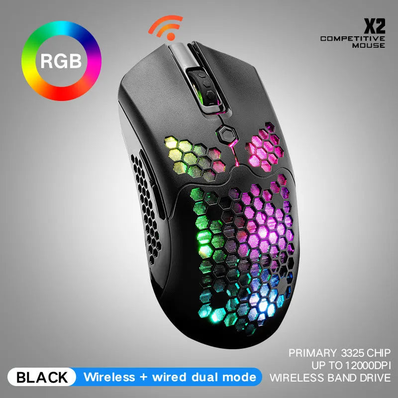 Free Wolf X2 wireless gaming mouse showing RGB lighting and ambidextrous symmetrical design