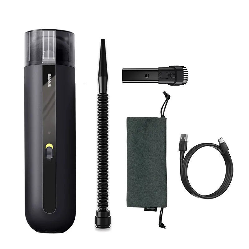 BASEUS wireless handheld car vacuum cleaner in black, white, or green with blowing hose attachment.