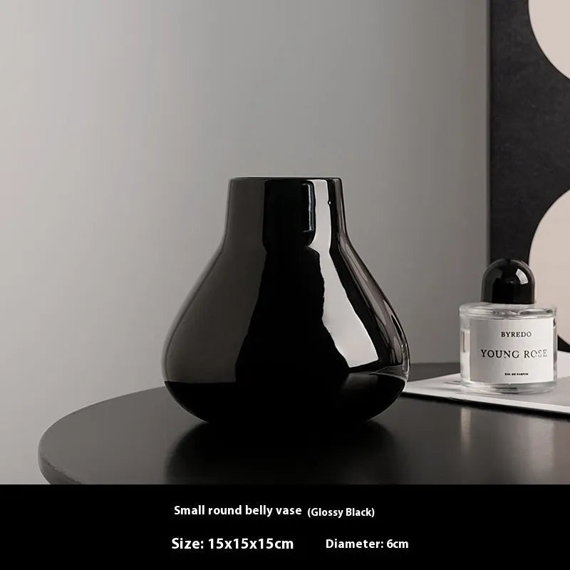 Ceramic round belly decorative vase with coloured glaze finish in black colour option