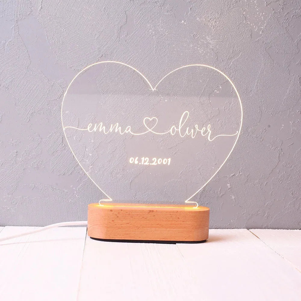 Custom acrylic LED night light with engraved names and date, 20cm by 11.5cm transparent modern art decor