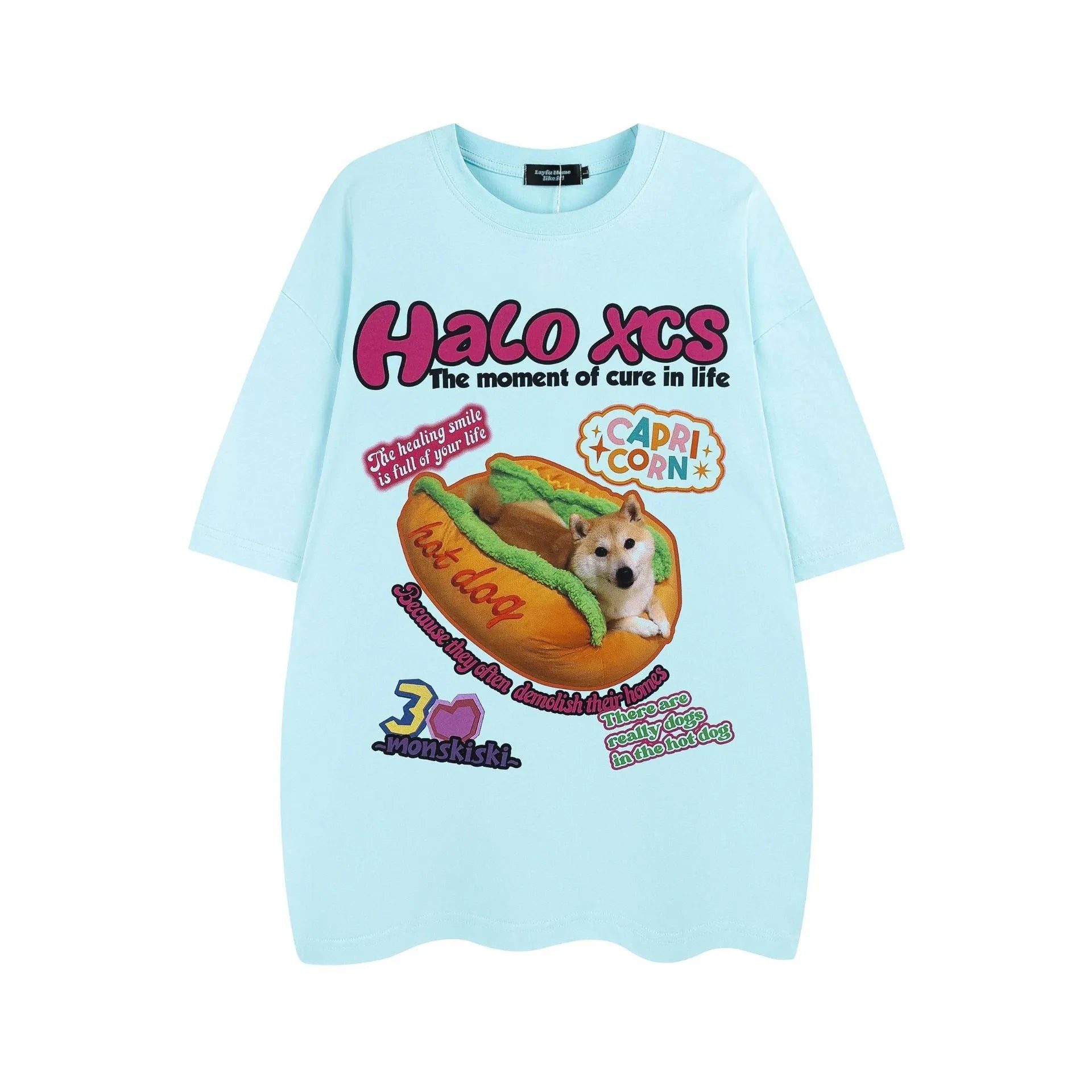 Cartoon hamburger dog printed short-sleeved t-shirt for couples in loose 100% cotton fit.