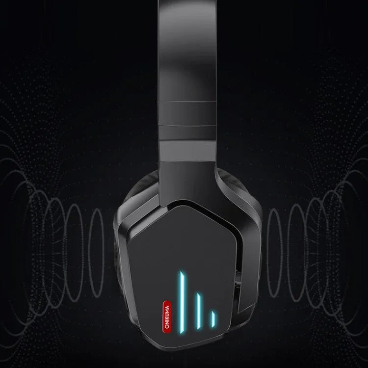 Luminous black wireless gaming headphones with head-mounted design showing NFC connectivity symbol