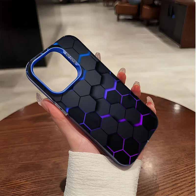 Frosted protective iPhone case with honeycomb square pattern in Moonlight Black, shown fitted on a phone.