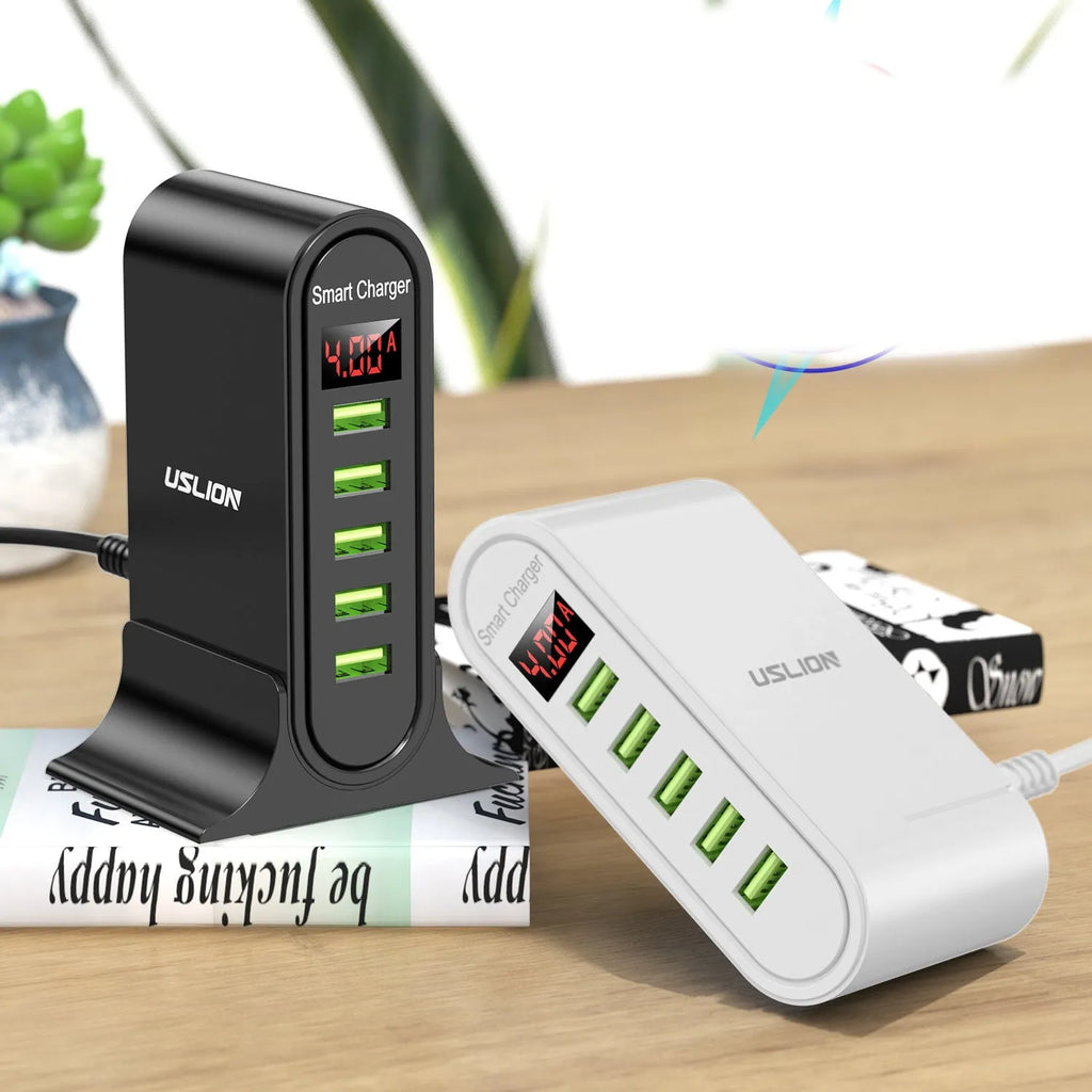 Smart LED digital display USB wall charger in black or white with EU, UK, or US plug.