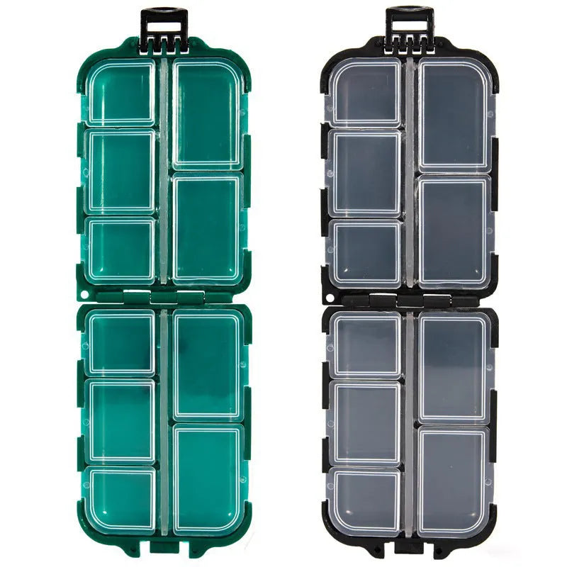 Black plastic fishing tackle storage box with ten small compartments open.