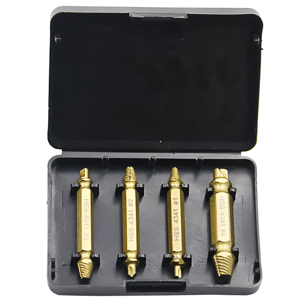 4341 high-speed steel screw extractor set with five hardened tools for removing broken bolts